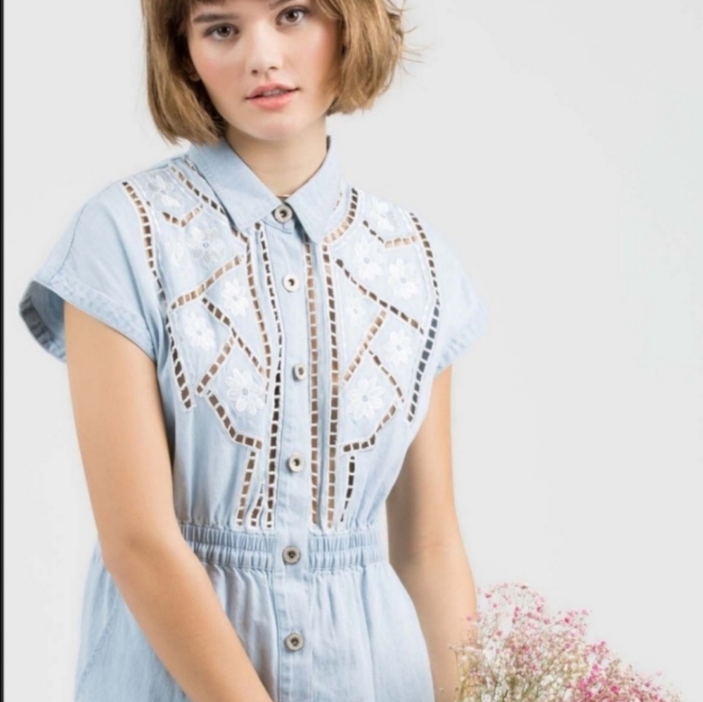 Pol Blue Chambray Denim Eyelet Lace Dress - Picture 3 of 8